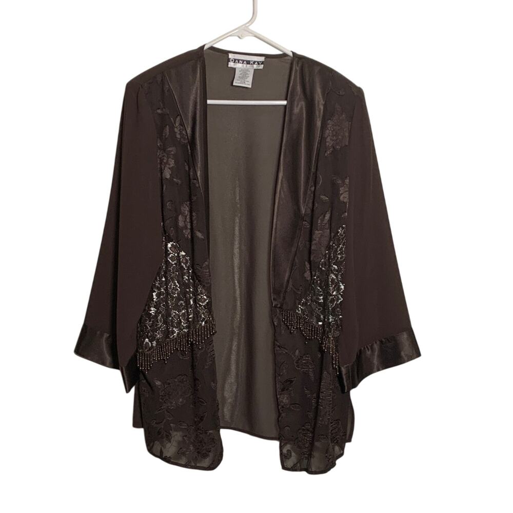 Chocolate Brown Cardigan Satin Beaded Trim Embroidered Boho Whimsigoth Sz 20